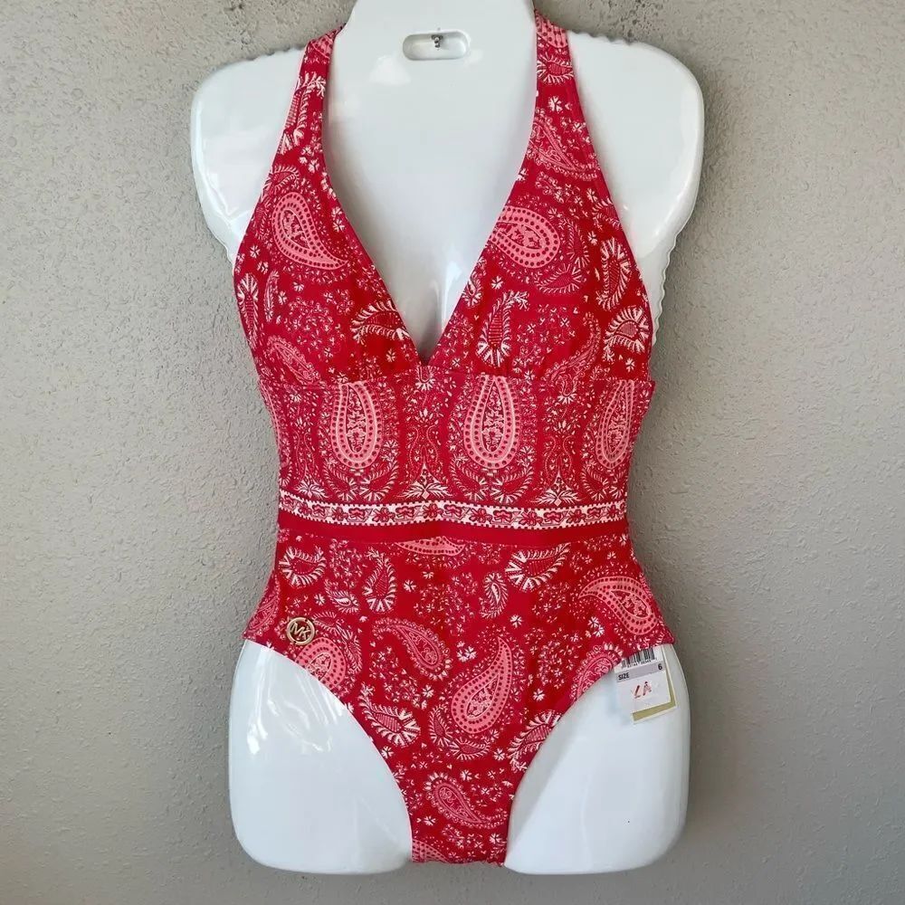 NWT MICHAEL Michael KorsโGeranium Paisley One Piece Swim Suit Sizeโ6
